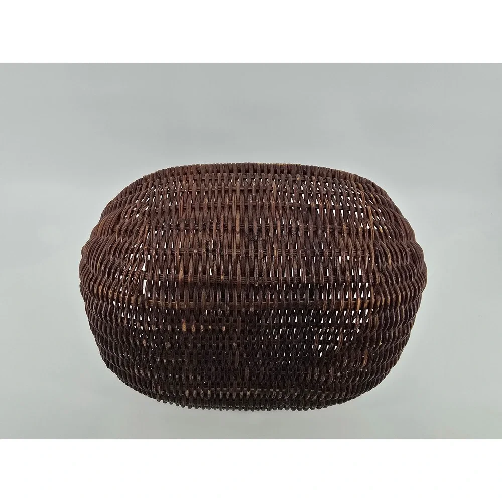 Vintage Dark Brown Woven Wicker Basket with Handle Oval Decorative Storage
